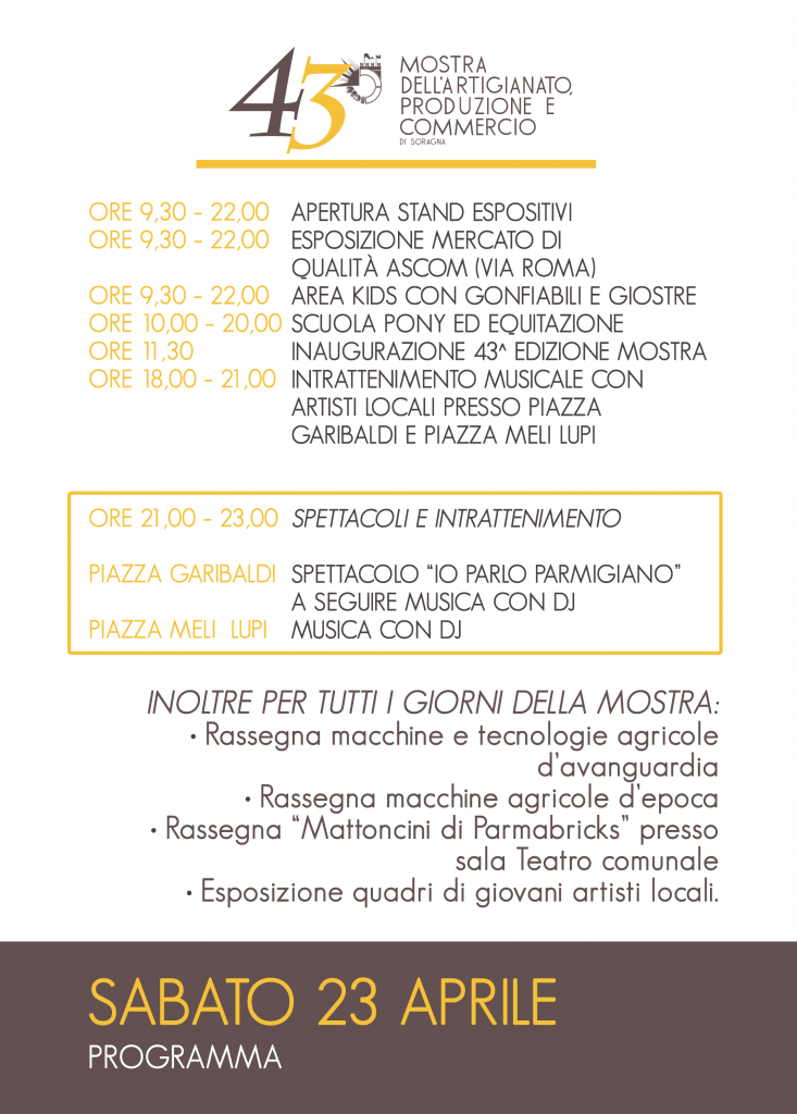 Programma Mostra dell'artigianato di Soragna 2022 sabato 23 aprile