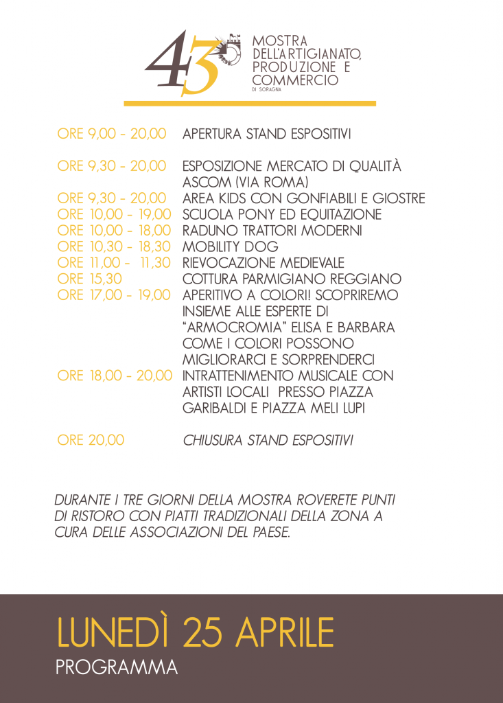 Programma Mostra dell'artigianato di Soragna 2022 lunedì 25 aprile
