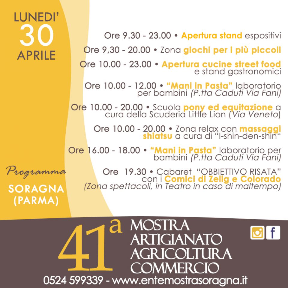 Programma lunedì 30 aprile mostra dell'artigianato soragna