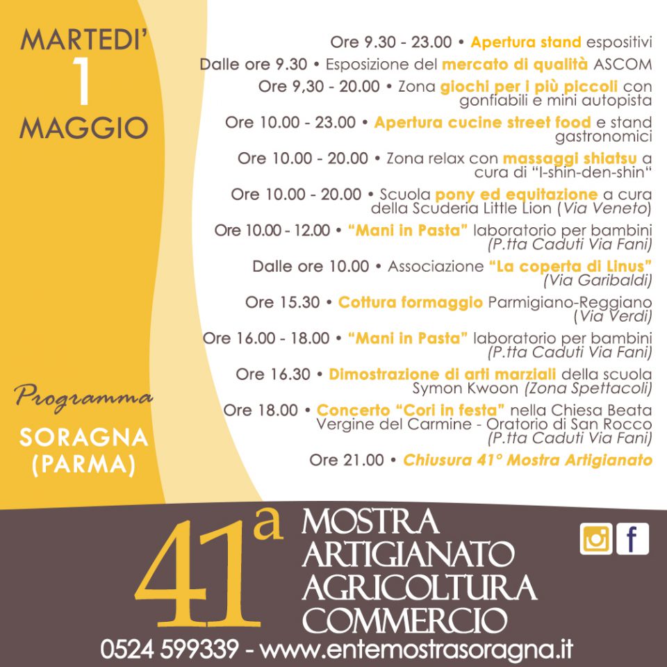 Programma martedì 1 maggio mostra dell'artigianato soragna